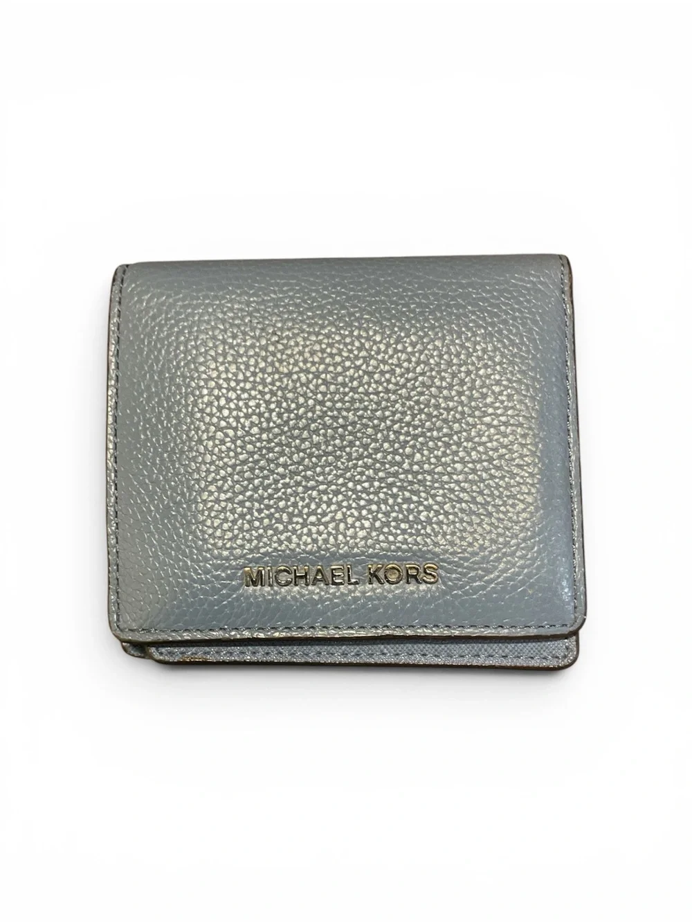 Michael Kors Blue-Grayish Pebbled Leather Compact Wallet with Gold Logo Unisex
